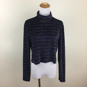 EI8HTDREAMS Long Sleeve Gray/Black Blue Striped Mock Neck Crop Velvet Shirt